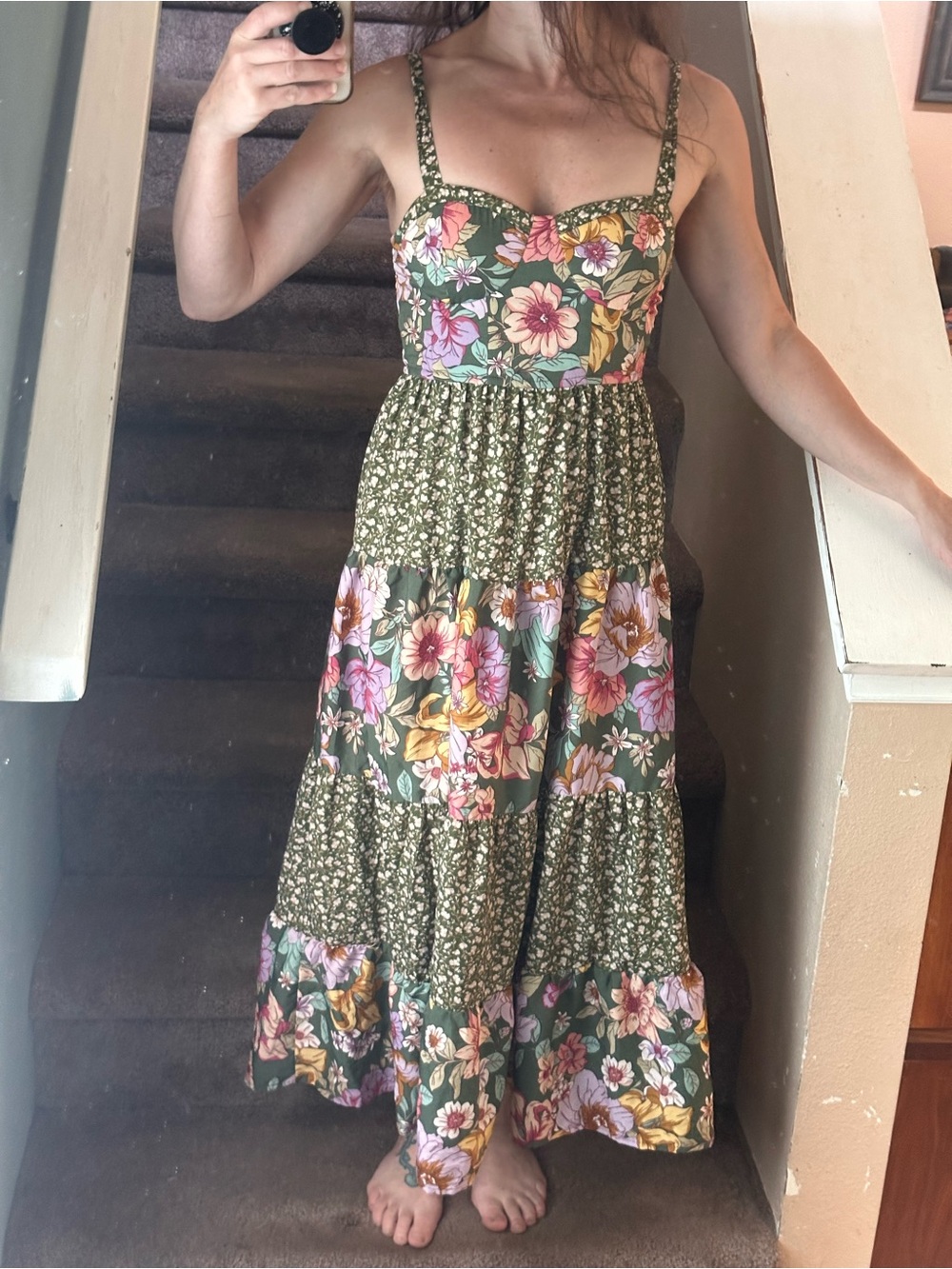 Multi-Color Smocked Maxi Dress with Olive Base